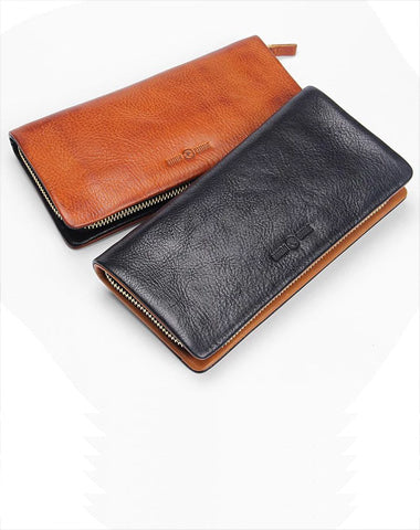 Handmade Leather Mens Cool Long Leather Wallet Bifold Clutch Wallet for Men