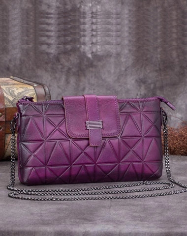 Purple Leather Geometric Womens VIntage Chain Shoulder Bag Side Bag Red Chain Clutch Purse for Ladies