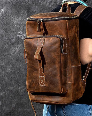 Retro Brown Leather Men 14" Barrel Laptop Backpack Hiking Backpack Travel Backpack Large Backpack for Men