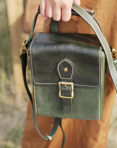 Vintage Womens Green Leather Satchel Small Handbag Bucket Shoulder Bag Brown Box Bags Purses