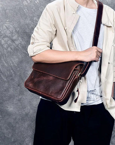 Cool Leather Mens 8‘’ Red Brown Small Side Bag Small Messenger Bag Shoulder Bag For Men