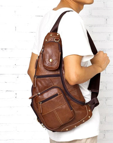 Brown Leather Mens Cool Large Sling Bags Light Brown Crossbody Pack Chest Bag for Men