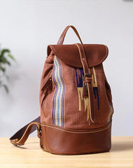 Brown Emroidered Canvas Leather Mens Women Large 14'' College Backpack Travel Backpack for Men