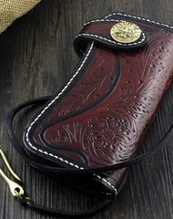 Handmade Tooled Leather Men's Biker Wallet Motorcycle Wallet Long Wallet with Chain For Men