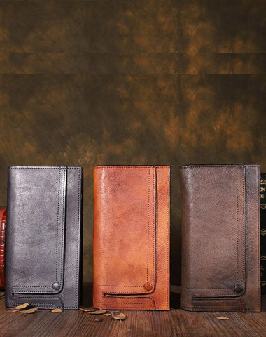 Cool Leather Brown Mens Long Wallet Gray Buckled Long Wallet Bifold Clutch Wallet Card Wallet for Men
