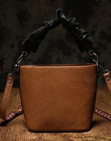 Brown Womens Leather Small Bucket Handbag Red Small Barrel Shoulder Purse for Ladies