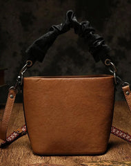 Brown Womens Leather Small Bucket Handbag Red Small Barrel Shoulder Purse for Ladies