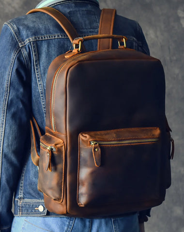 Vintage Brown Leather Mens 15" Laptop Backpack Hiking Backpack Travel Backpack College School Bag for Men