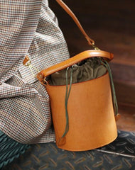 Fashion Tan Leather Womens Small Handbag Structured Bucket Shoulder Bag Leather Drawstring Crossbody Bag