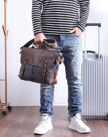 Casual Canvas Leather Mens Khaki Handbag 14'' Side Bag Gray Messenger Bag For Men
