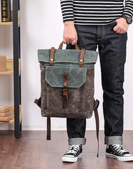 Waxed Canvas Mens Womens 15‘’ Computer Backpack Green School Backpack Hiking Backpack for Men