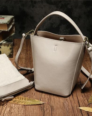 White Leather Bucket Shoulder Bag Bucket Handbag Brown Cross Body Barrel Bag for Ladies