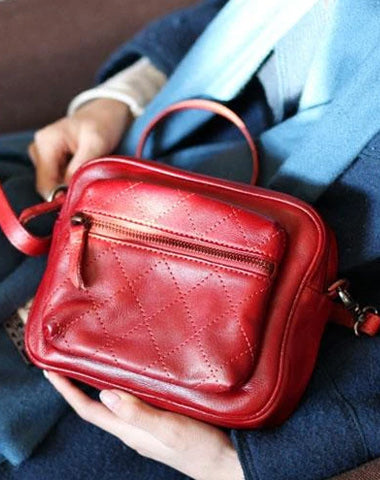 Vintage Womens Leather Red MIni Satchel Shoulder Bag Leather Square Crossbody Bag Purse