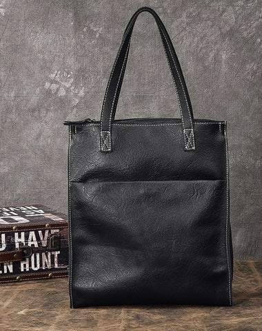 Soft Leather Mens Womens 15" Large Shoulder Bag Black Tote Bag Large Side Bag For Men