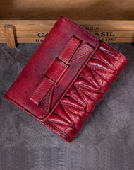 Vintage Womens Red Leather Bowknot Cute Small Brown Wallet Trifold billfold Wallet for Ladies