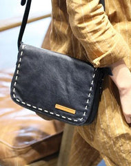 Vintage Womens Black Leather Small Shoulder Bag Side Bag Black Satchel Crossbody Bag for Ladies