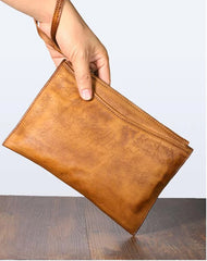 Handmade Leather Mens Brown Long Leather Wallet Wristlet Bag Envelope Bag Clutch Wallet for Men