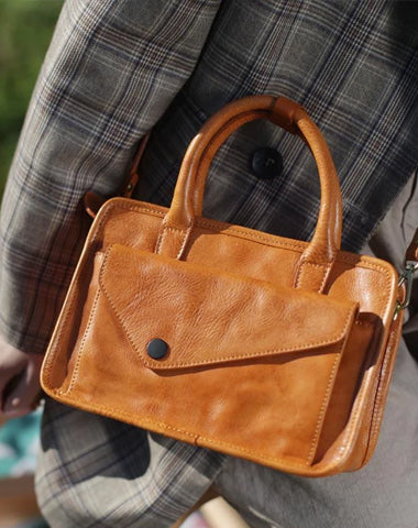 Vintage Women's Leather Satchel Brown Handbags Square Tan Crossbody Bag Purse