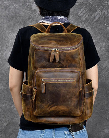 Brown Leather Men 14" Laptop Large Backpack Hiking Backpack Travel Backpack College Bag for Men