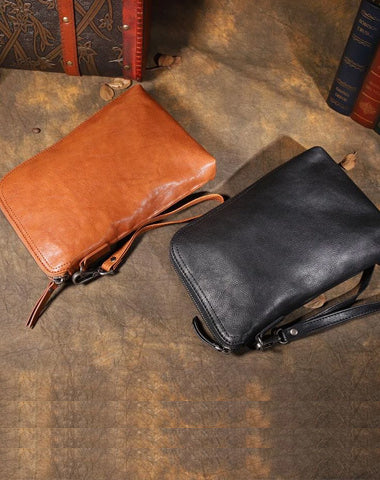 Cool Leather Mens Brown Long Wallet Wristlet Wallet Black Clutch Wallet for Men