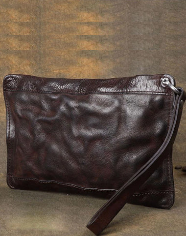 Cool Wrinkled Leather Mens Brown Long Wallet Wristlet Wallet Black Clutch Wallet for Men