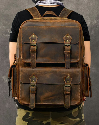 Cool Leather Mens 15" Brown Hiking Backpack Travel Backpack Laptop College Backpack for Men