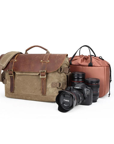 Canvas Leather Mens 14‘’ CANON CAMERA Messenger Bag NIKON CAMERA Side BAG DSLR CAMERA BAG