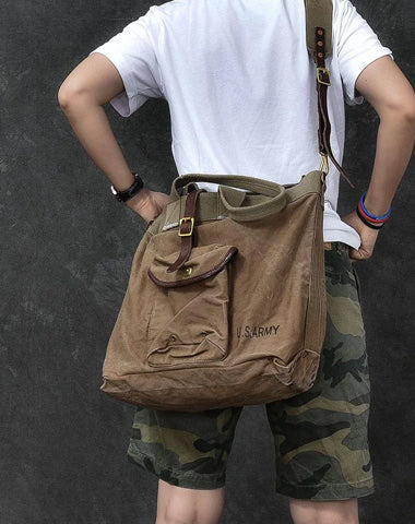 Washed Canvas Leather Mens 15'' Army Green Tote Bag Handbag Tote Bag Light Coffee Shoulder Bag Tote Purse For Men