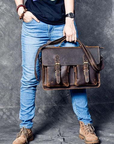 Vintage Leather Mens 14" Brown Laptop Briefcase Business Brown Briefcase For Men