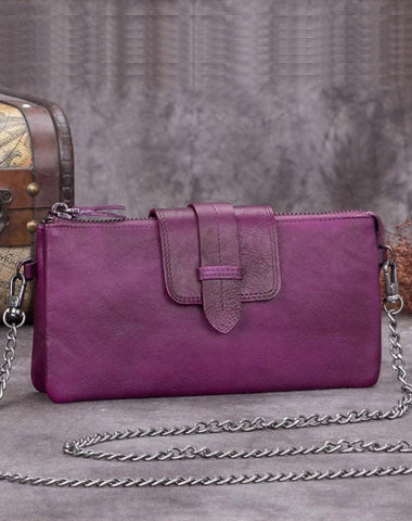 Purple Leather Womens VIntage Chain Shoulder Bag Side Bag Brown Chain Clutch Purse for Ladies