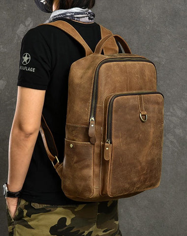Cool Leather Mens 15" Retro Brown Hiking Backpack Travel Backpack College Backpack for Men
