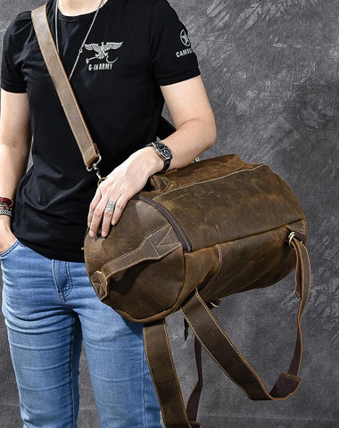 Brown Leather Mens 15" Laptop Bucket Hiking Backpack Travel Backpack Barrel Backpack for Men