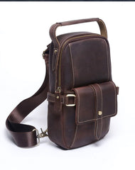 Genuine Leather Mens Cool Chest Bag Sling Bag Coffee One shoulder Backpack for men