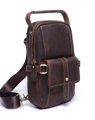 Genuine Leather Mens Cool Chest Bag Sling Bag Coffee One shoulder Backpack for men