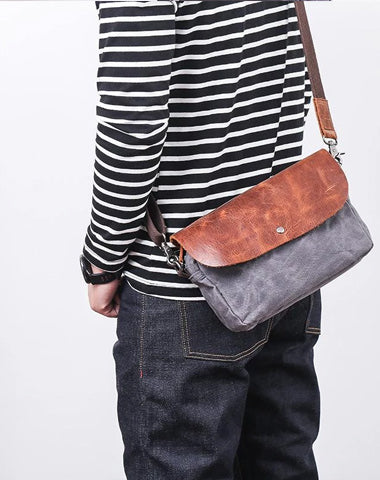 Leather Canvas Mens Small Side Bag Gray Courier Bag Postman Bag Messenger Bag for Men