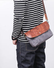 Leather Canvas Mens Small Side Bag Gray Courier Bag Postman Bag Messenger Bag for Men