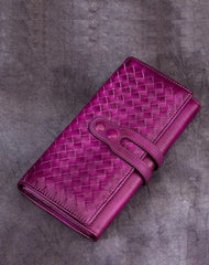 Purple Vintage Womens Braided Leather Trifold Long Wallet Phone Clutch Purse for Ladies