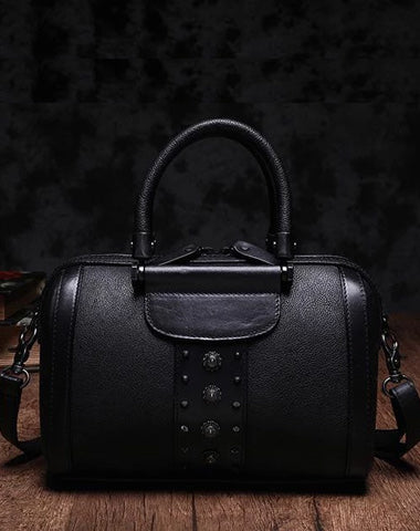Black Vintage Womens Leather Boston Handbag Purse Brown Side Bag Boston Purse for Ladies