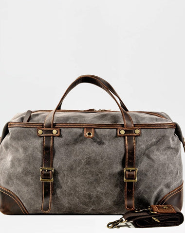 Casual Waxed Canvas Leather Mens Gray Large Travel Weekender Bag Luggage Duffle Bag for Men