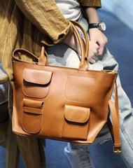 Fashion Brown Womens Leather Tote Handbag Side Bag Brown Zipper Top Tote Shoulder Bag for Work