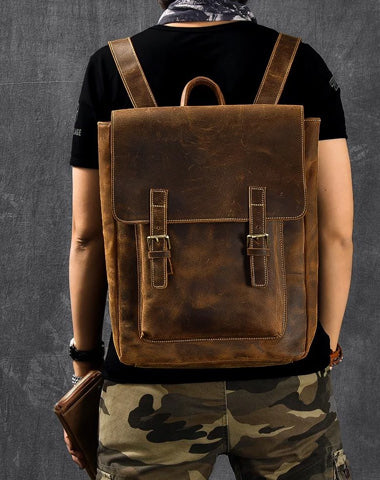 Brown Leather Mens 14" Laptop Backpack Hiking Backpack Travel Backpack College Bag for Men