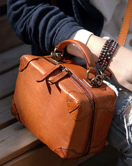 Vintage Womens Brown Leather Box Satchel Handbag Square Shoulder Bag Handbags Crossbody Bag Purse