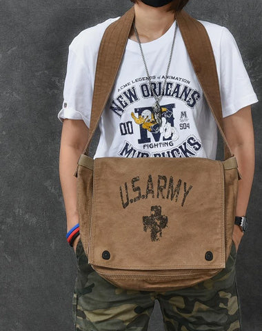 Washed Canvas Mens Large Brown Side Bag 14‘’ Army Green Messenger Bag Shoulder Bag For Men