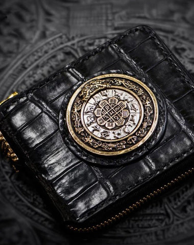 Handmade Leather Crocodile Skin Tooled Mens billfold Wallet Cool Chain Wallet Biker Wallet for Men