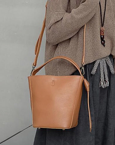 Brown Leather Bucket Shoulder Bag Bucket Handbag White Cross Body Barrel Bag for Ladies