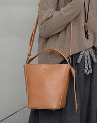 Brown Leather Bucket Shoulder Bag Bucket Handbag White Cross Body Barrel Bag for Ladies