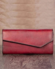 Red Vintage Womens Genuine Leather Long Folded Wallet Brown Clutch Phone Purses for Ladies