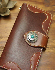 Handmade biker leather wallet with chain brown red brown Long wallet purse for men - EverHandmade