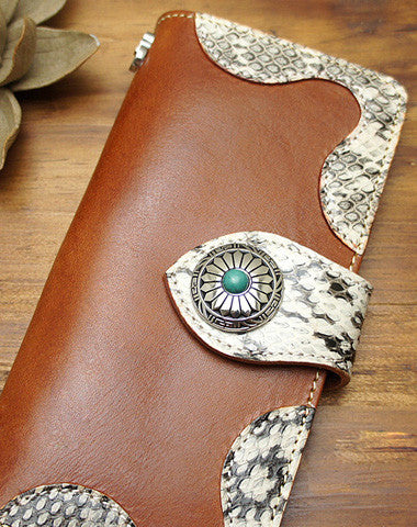 Handmade coffee biker wallet snake skin leather with chain Long wallet purse for men - EverHandmade