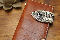 Handmade coffee brown biker wallet snake skin leather with chain Long wallet purse for men